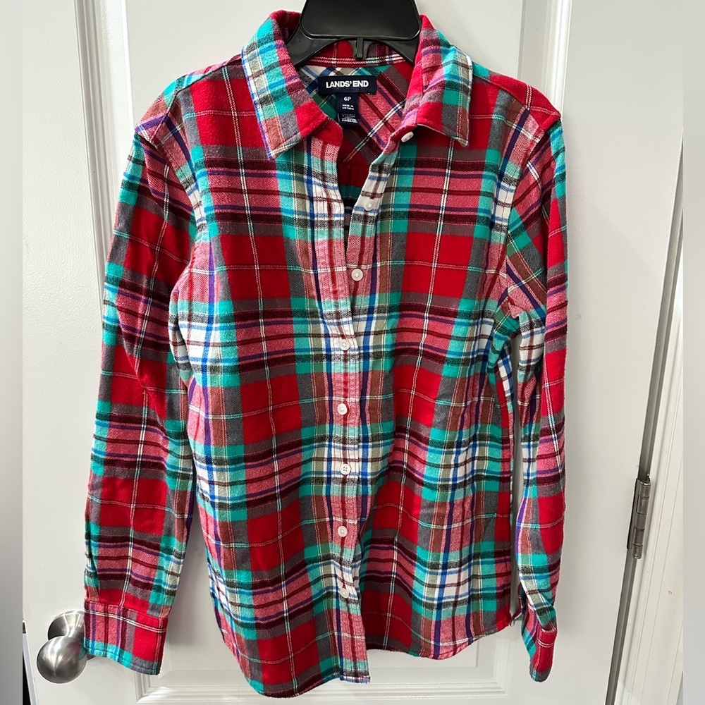 Lands' End Women’s Red and Green Button Down Shirt - Size 6P